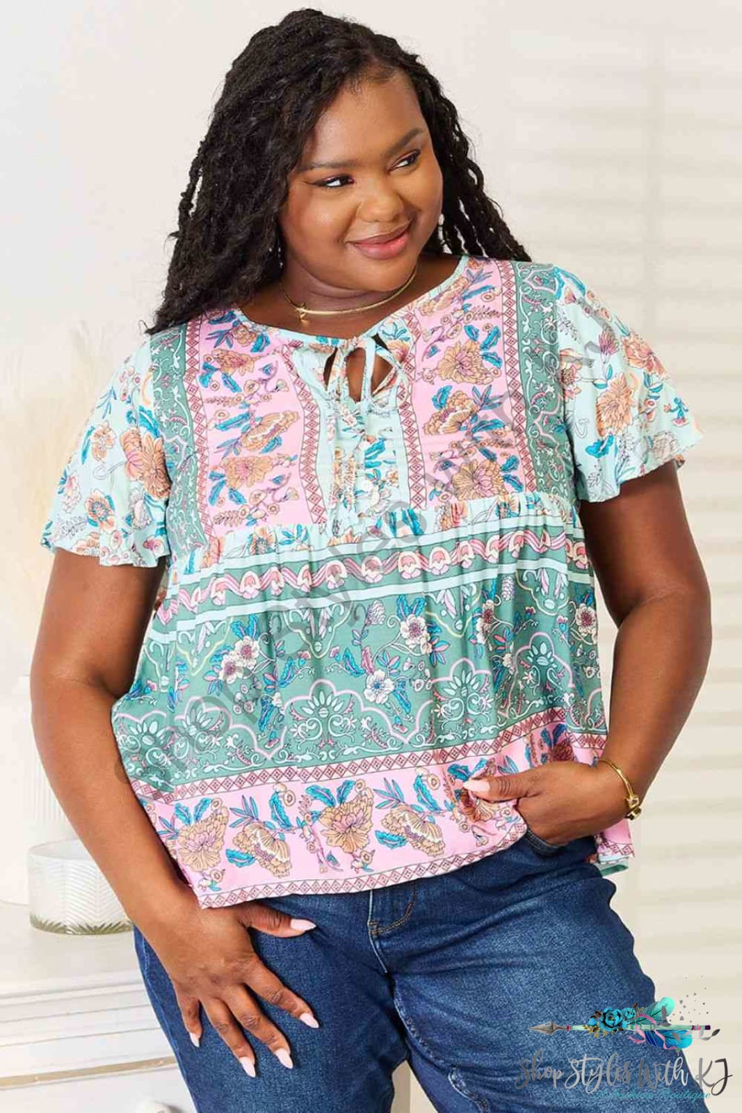 Double Take Floral Tie Neck Short Sleeve Blouse Multicolor / S