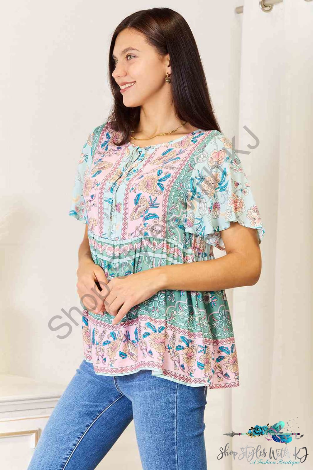 Double Take Floral Tie Neck Short Sleeve Blouse