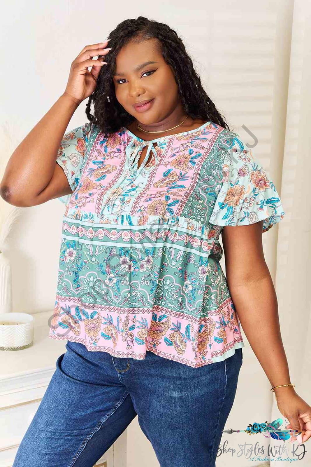 Double Take Floral Tie Neck Short Sleeve Blouse