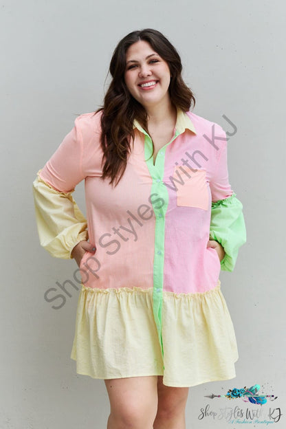 Davi & Dani Flying Colors Full Size Colorblock Long Sleeve Shirt Dress Neon Multi / S