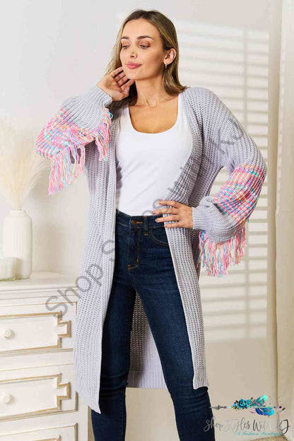 Woven Right Fringe Sleeve Dropped Shoulder Cardigan Cloudy Blue / S