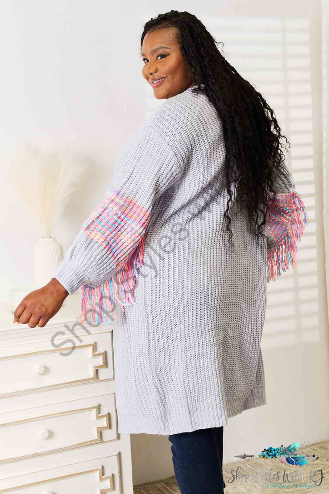 Woven Right Fringe Sleeve Dropped Shoulder Cardigan