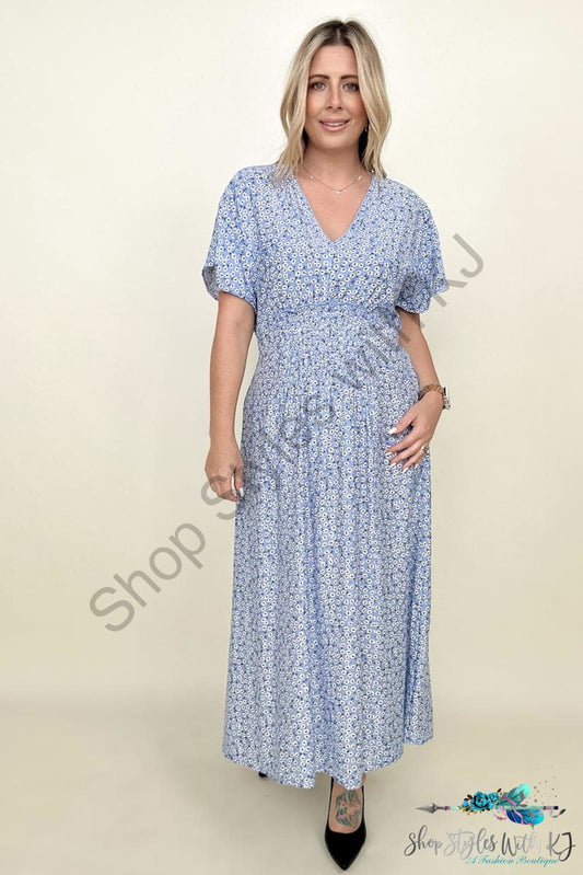 Be Stage Front Shirred Animal Print Woven Dress Blue / S Maxi Dresses