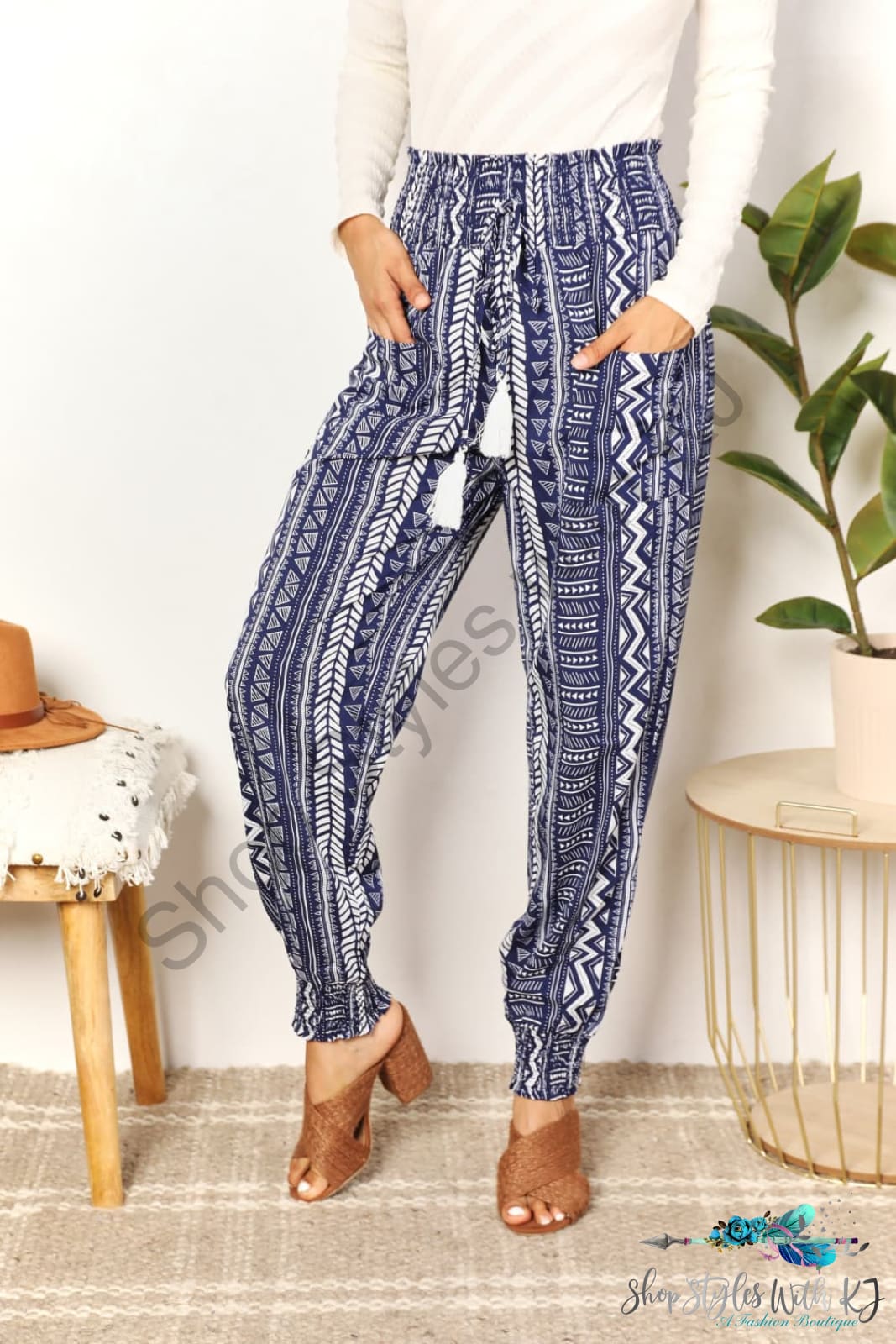 Double Take Geometric Print Tassel High-Rise Pants