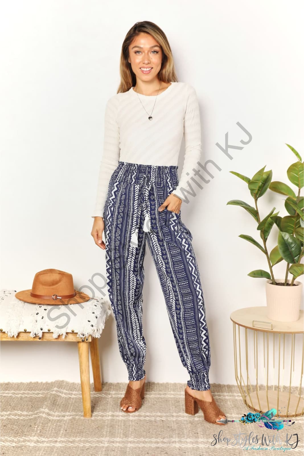 Double Take Geometric Print Tassel High-Rise Pants