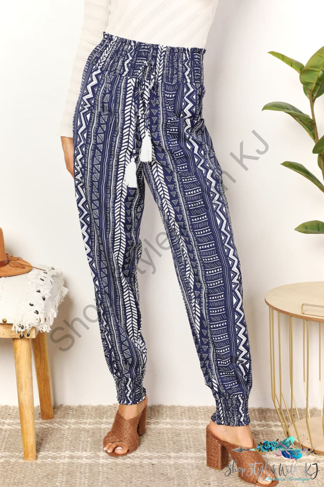 Double Take Geometric Print Tassel High-Rise Pants Navy / S