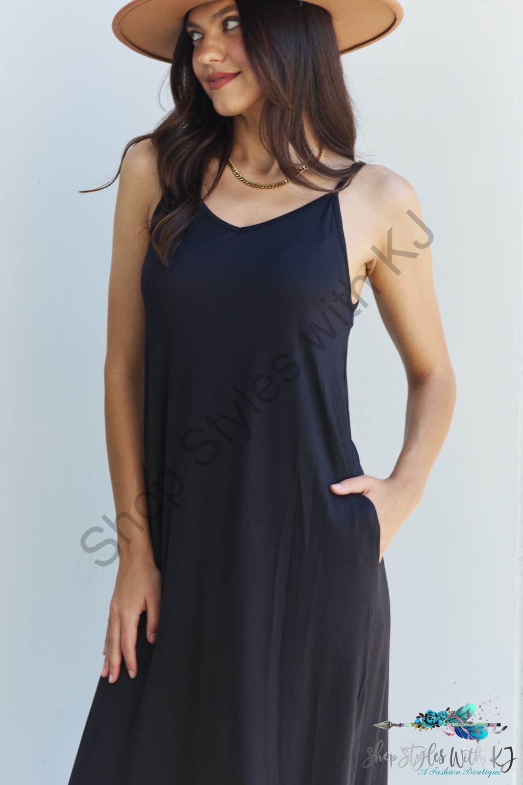 Ninexis Good Energy Full Size Cami Side Slit Maxi Dress In Black