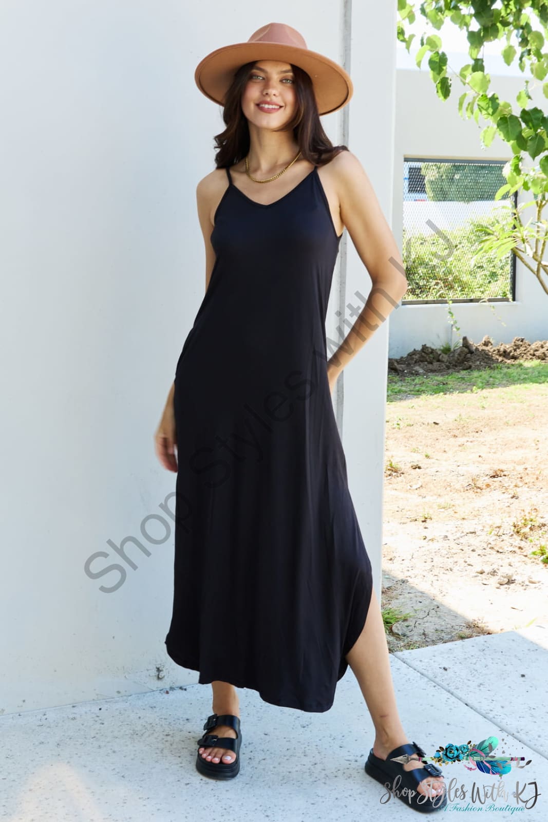 Ninexis Good Energy Full Size Cami Side Slit Maxi Dress In Black