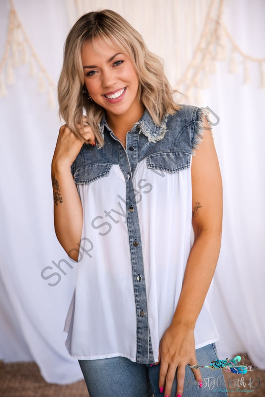 Got This Feeling - Sleeveless Button Up Top, white & denim sleeveless top, button down tank