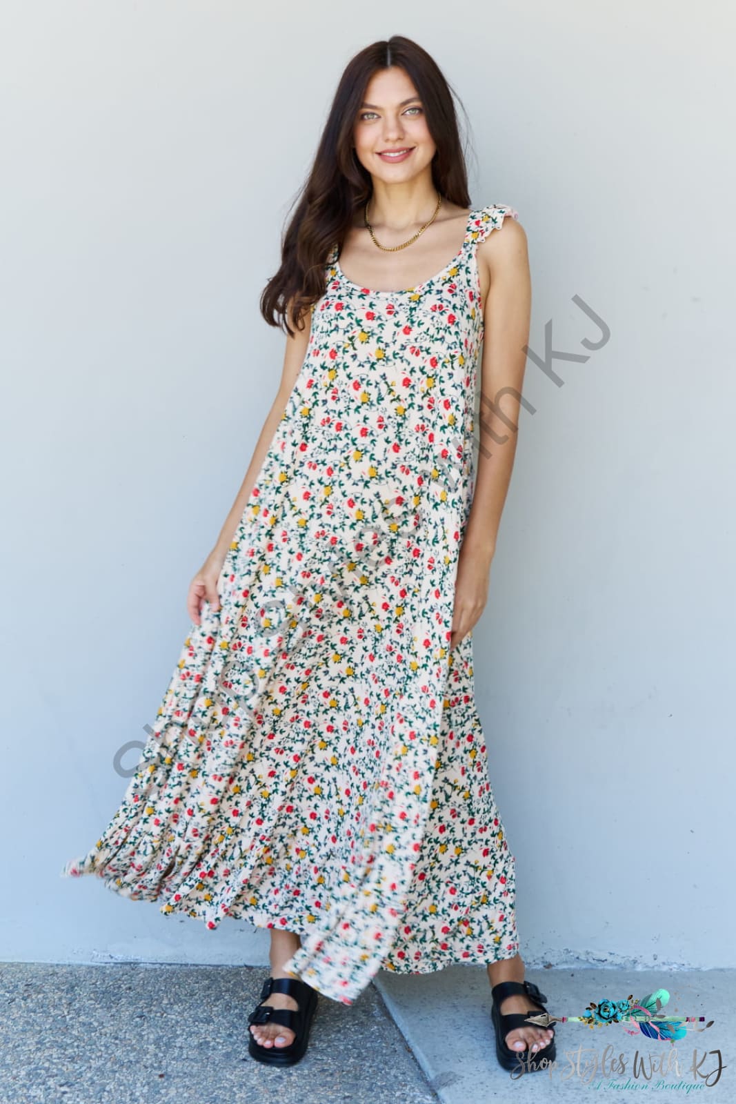 Doublju In The Garden Ruffle Floral Maxi Dress In Natural Rose