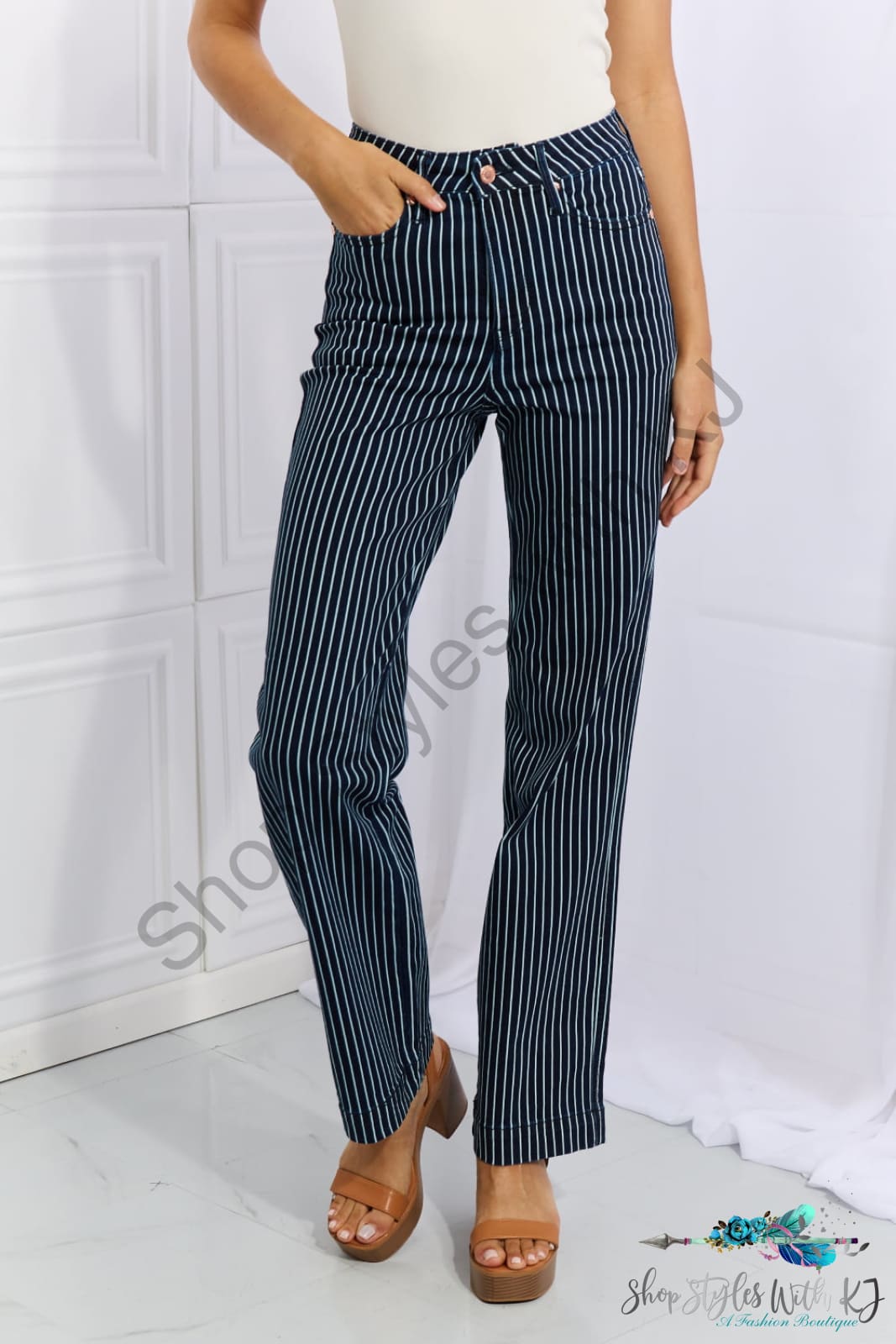 Judy Blue Cassidy Full Size High Waisted Tummy Control Striped Straight Jeans