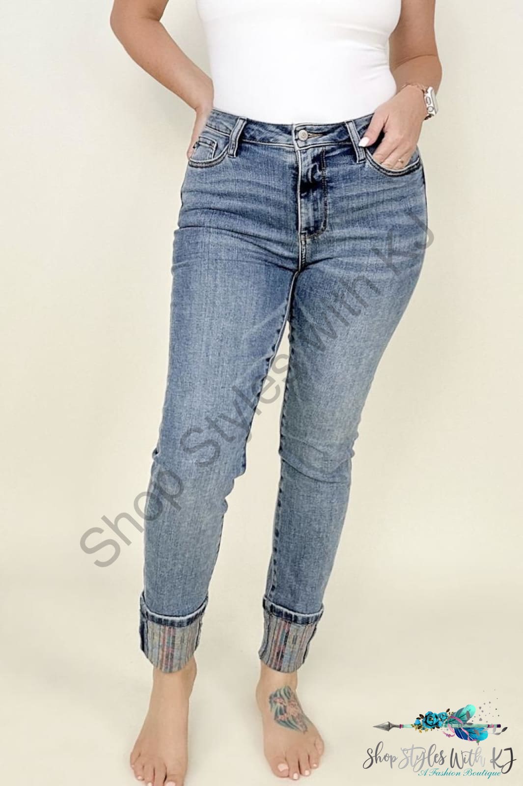 Judy Blue High Waist South Western Print Cuffed Relaxed Fit Jeans Medium / 0