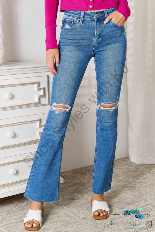 Kancan Full Size Distressed Raw Hem Bootcut Jeans Medium / 0(23)