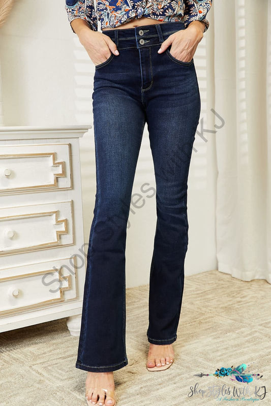 Kancan Full Size High Rise Wide Waistband Bootcut Jeans Dark / 1(24)