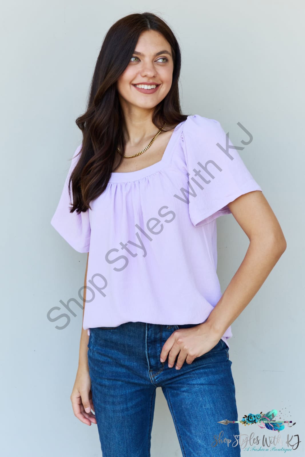 Ninexis Keep Me Close Square Neck Short Sleeve Blouse In Lavender / S