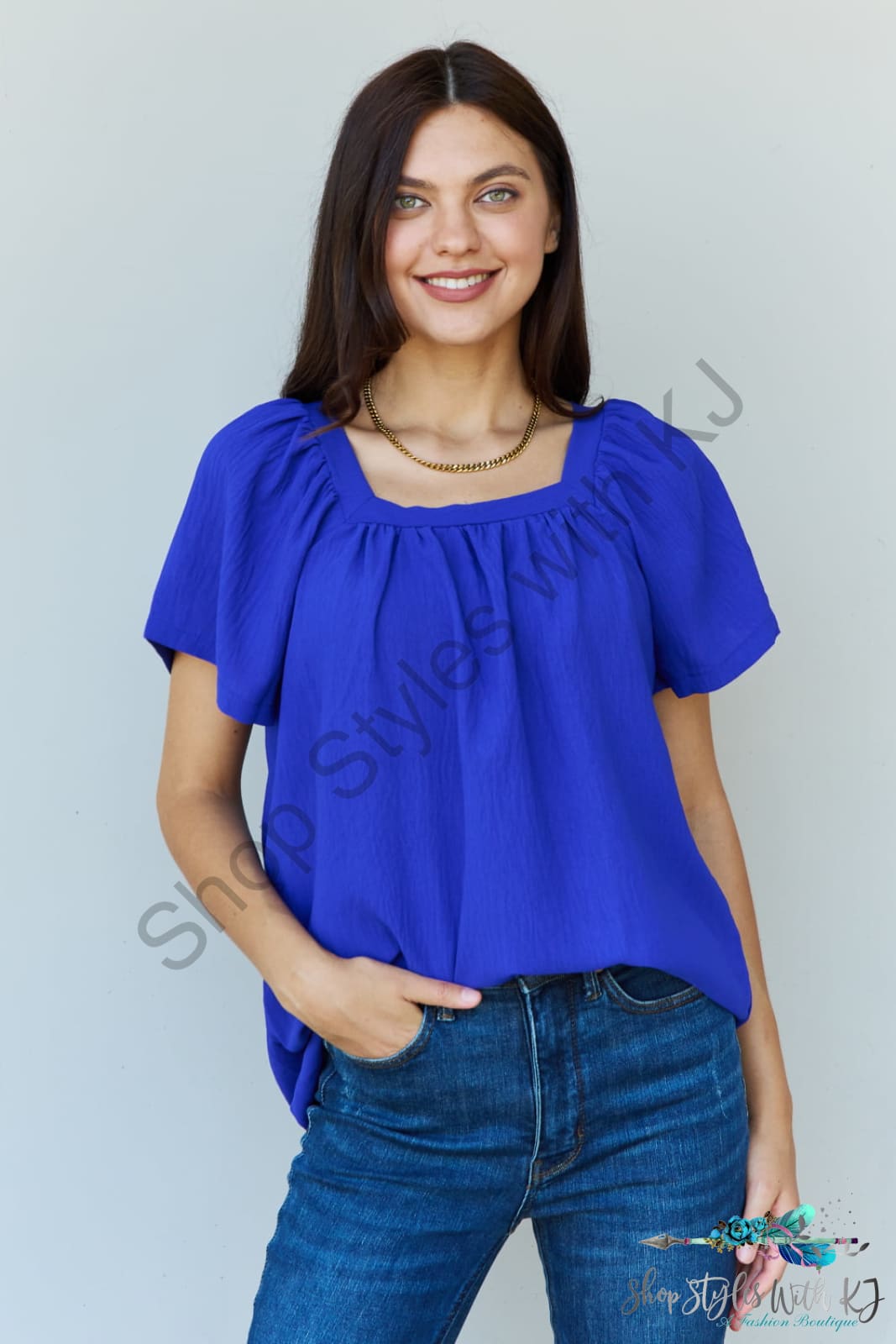 Ninexis Keep Me Close Square Neck Short Sleeve Blouse In Royal / S