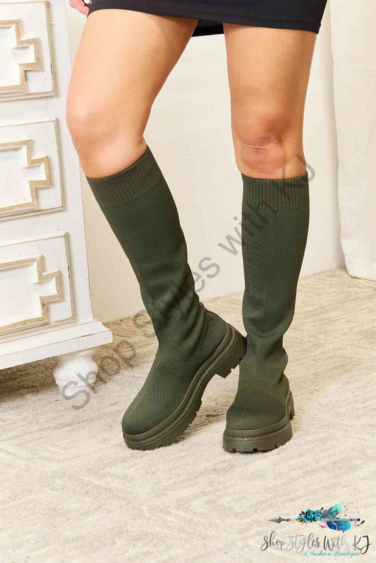 Wild Diva Footwear Knee High Platform Sock Boots Olive / 6 Shoes