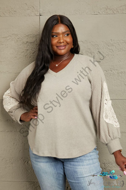 Sew In Love Full Size Lace Patch Detail Sweater Beige / S