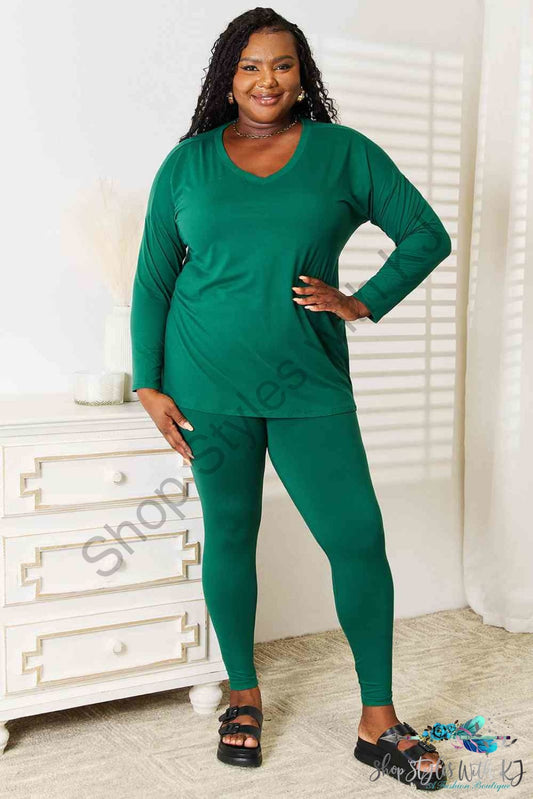 Zenana Lazy Days Full Size Long Sleeve Top And Leggings Set Dark Green / S Loungewear