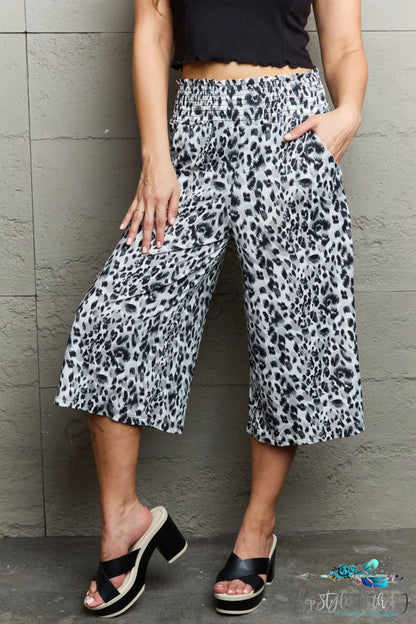 Ninexis Leopard High Waist Flowy Wide Leg Pants With Pockets Grey / S