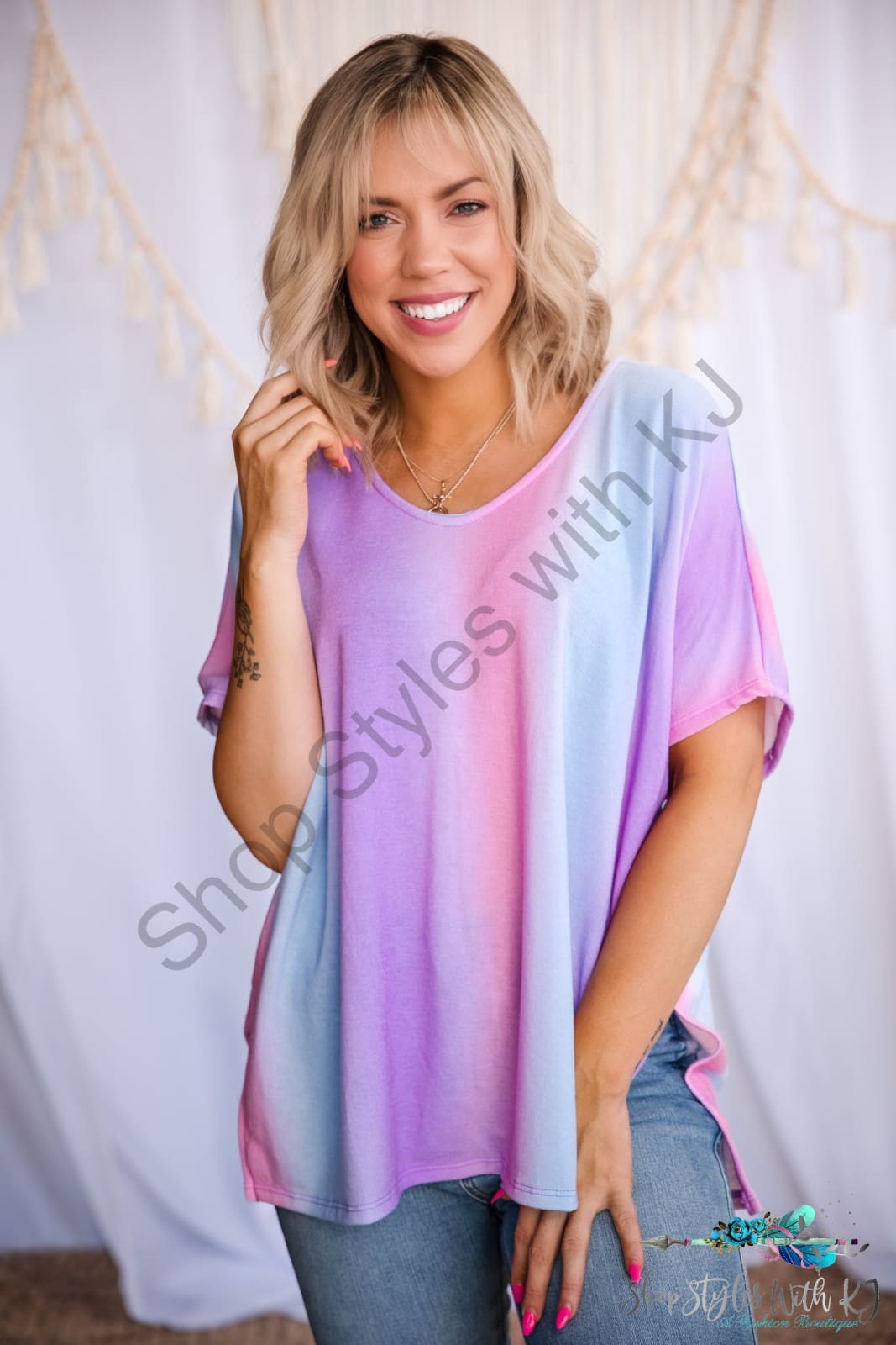 Lilac Skies Half Sleeve Top, pink, blue & purple ombre stripes, v-neck relaxed fit, side slits, high low hem and flowy