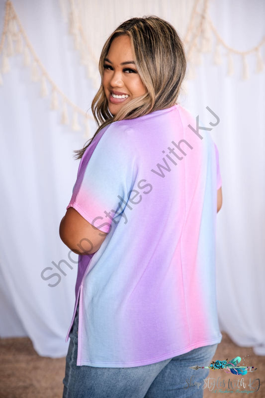 Lilac Skies Half Sleeve Top, pink, blue & purple ombre stripes, v-neck relaxed fit, side slits, high low hem and flowy