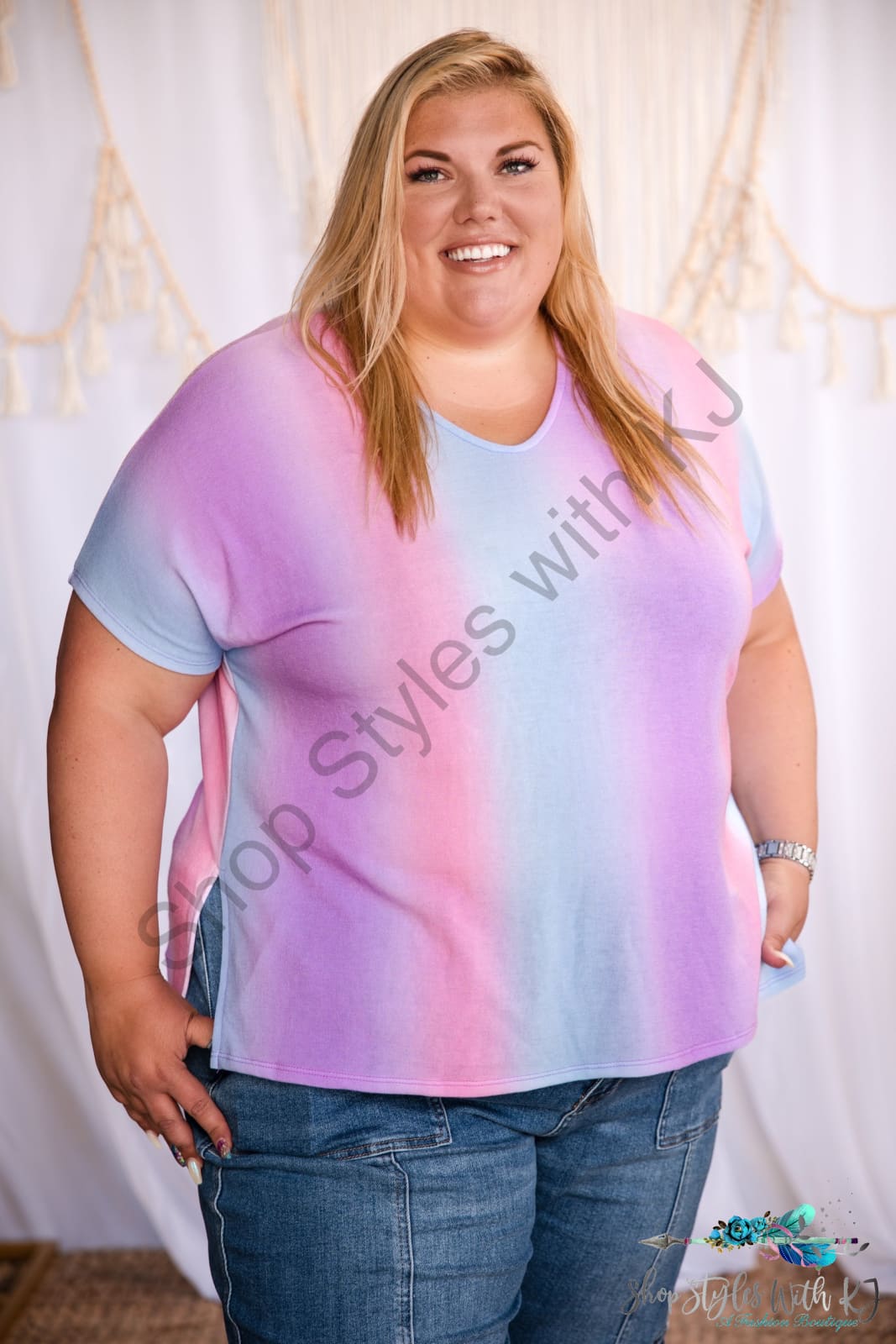 Lilac Skies Half Sleeve Top, pink, blue & purple ombre stripes, v-neck relaxed fit, side slits, high low hem and flowy