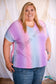 Lilac Skies Half Sleeve Top, pink, blue & purple ombre stripes, v-neck relaxed fit, side slits, high low hem and flowy