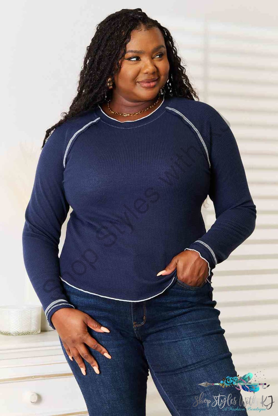 Basic Bae Long Raglan Sleeve Round Neck Top Navy / S Shirts & Tops