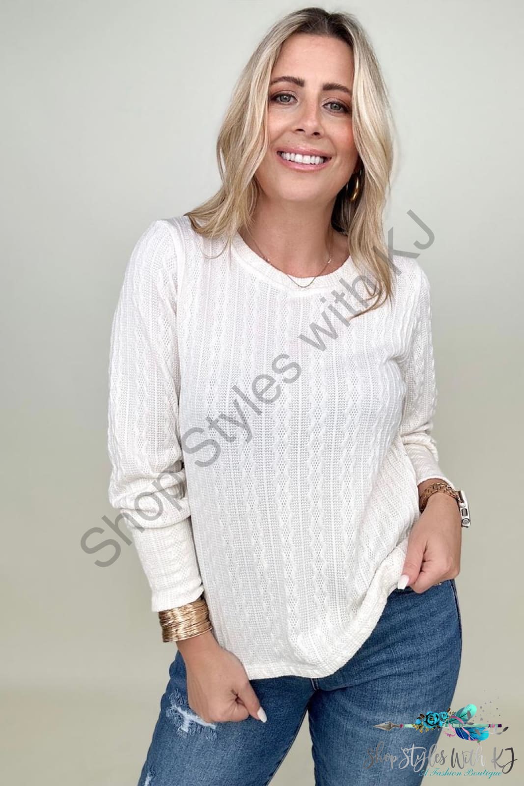 Hayden Long Sleeve Cable Knit Top Ivory / S Sweaters