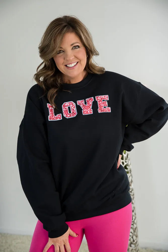 Love Faux Sequins Crewneck Graphic Sweatshirt