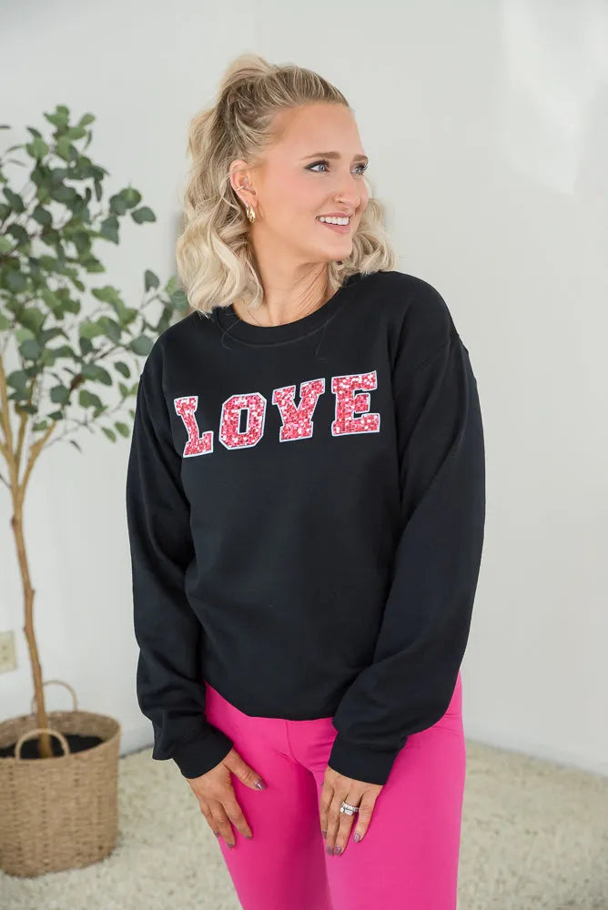 Love Faux Sequins Crewneck Graphic Sweatshirt