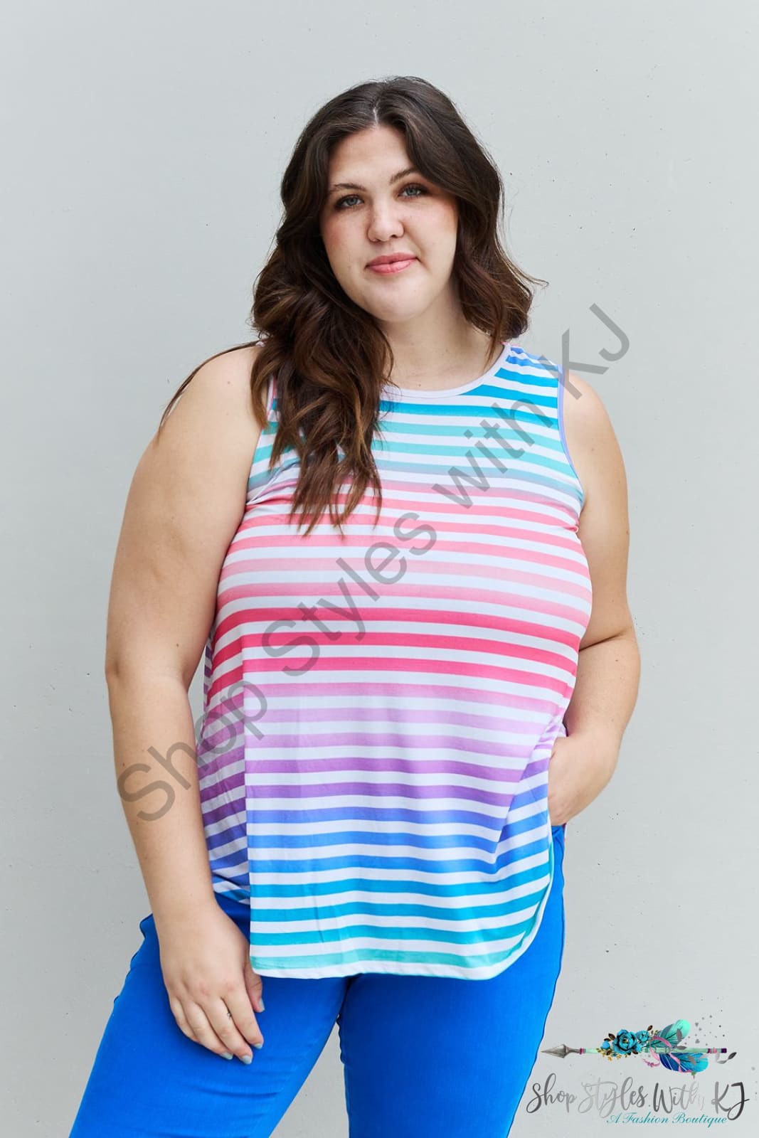 Heimish Love Yourself Full Size Multicolored Striped Sleeveless Round Neck Top Multicolor / S