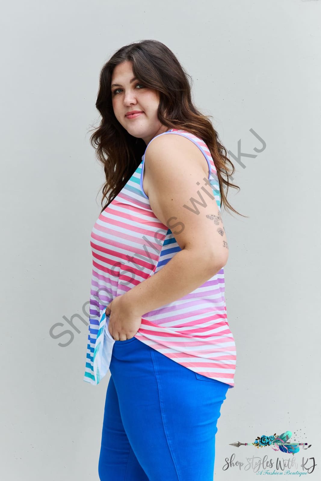Heimish Love Yourself Full Size Multicolored Striped Sleeveless Round Neck Top