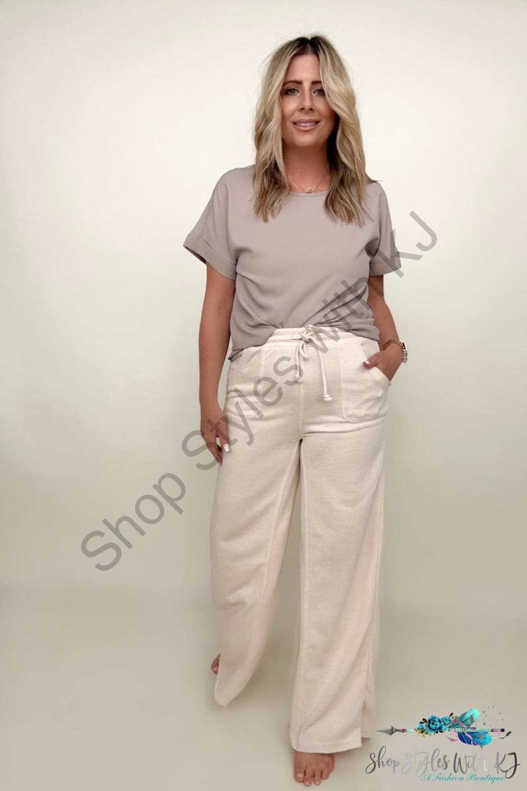 Mineral Washed Drawstring Retro Wide Leg Pants Apricot / S