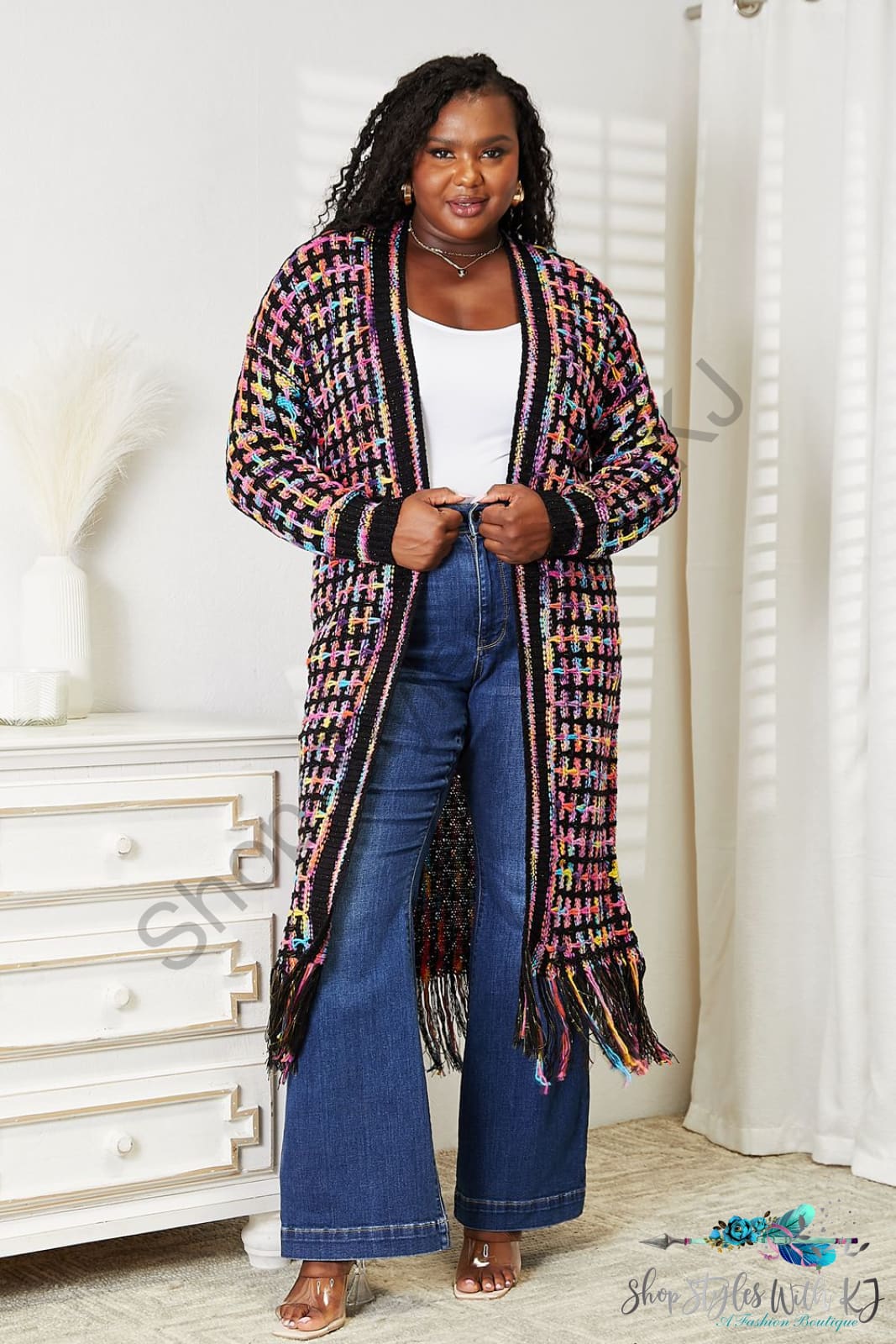 Double Take Full Size Multicolored Open Front Fringe Hem Cardigan Multicolor / S