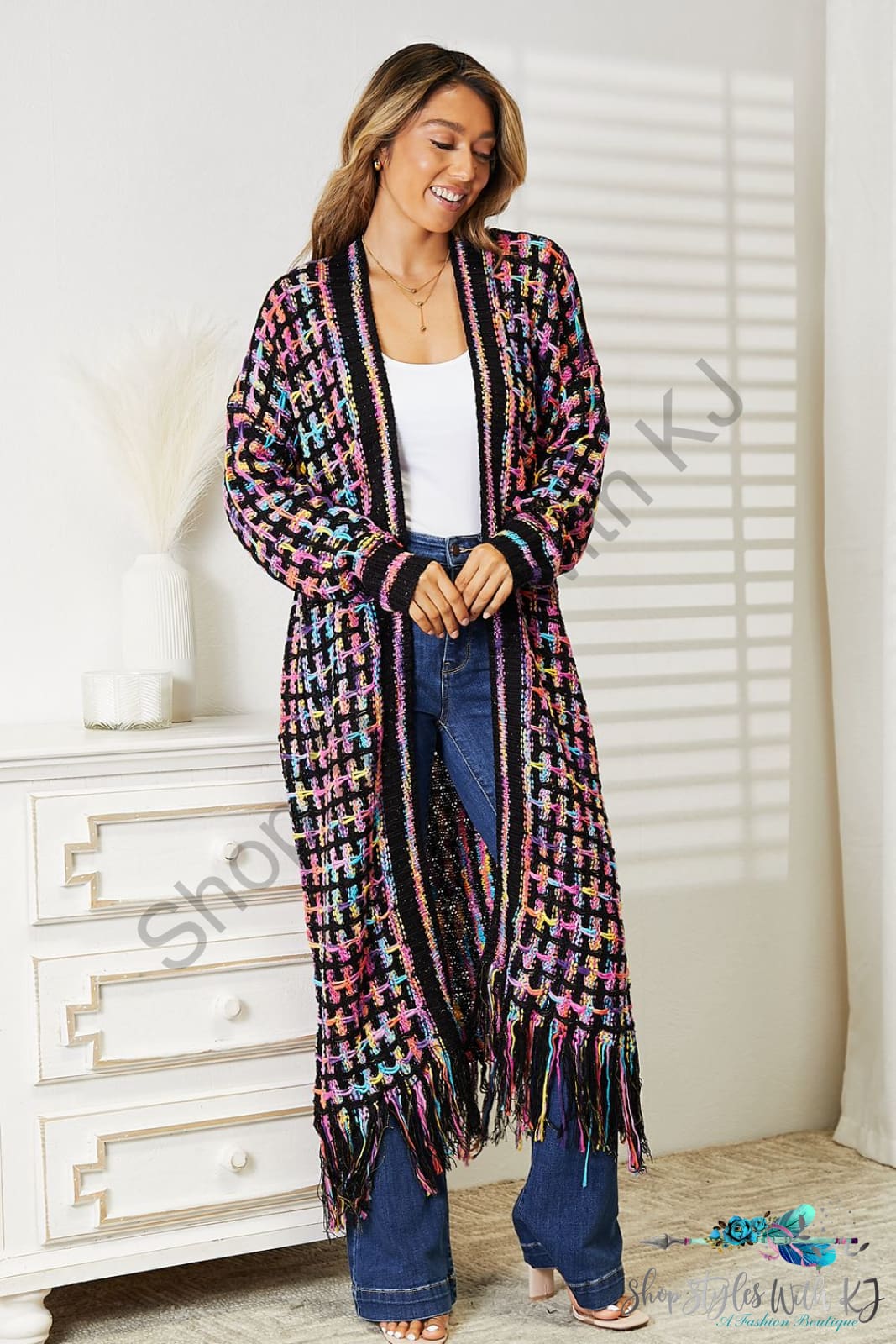 Double Take Full Size Multicolored Open Front Fringe Hem Cardigan