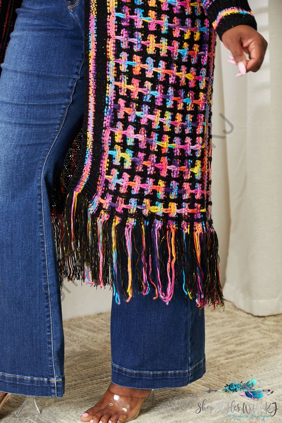 Double Take Full Size Multicolored Open Front Fringe Hem Cardigan