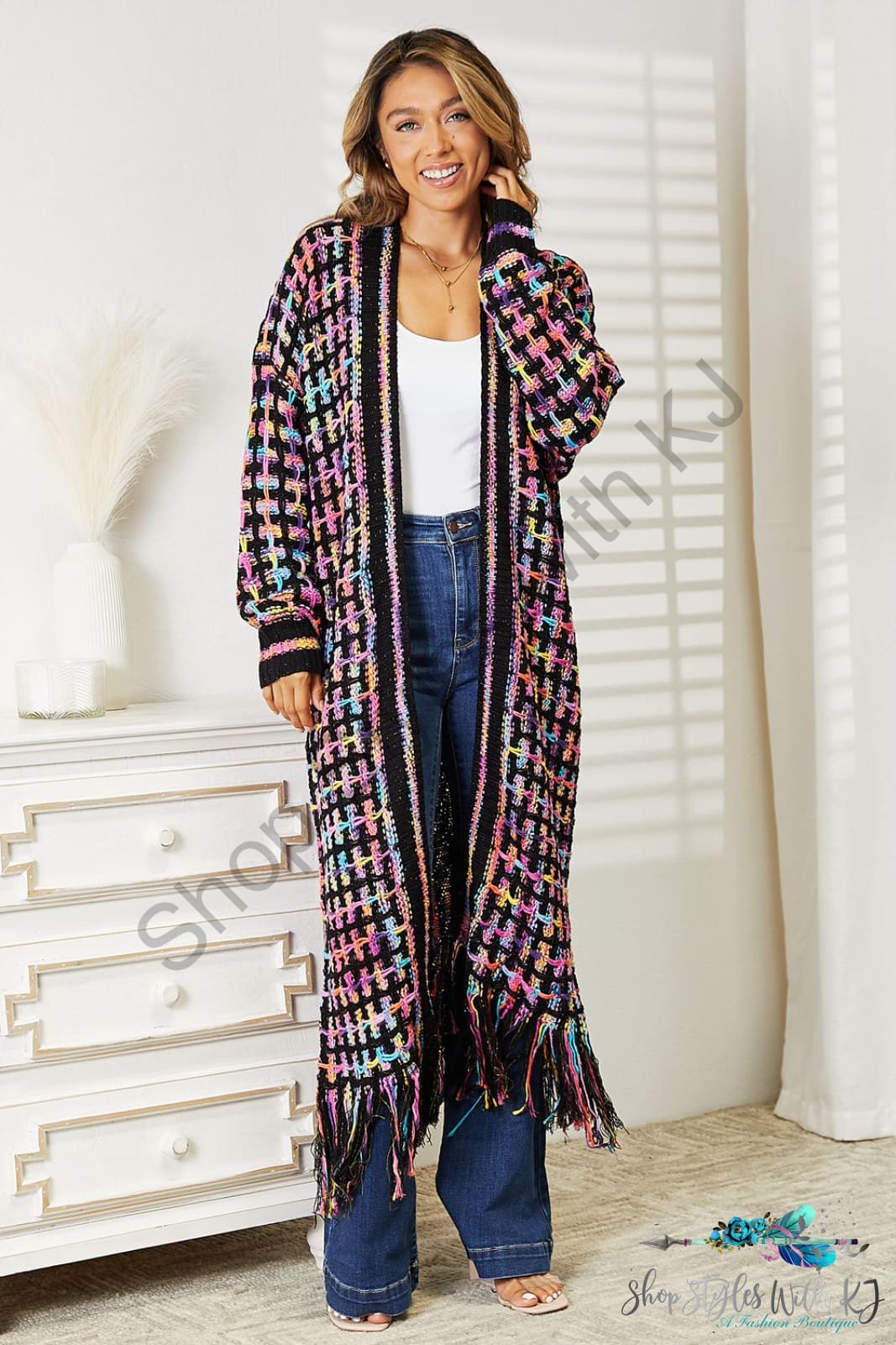 Double Take Full Size Multicolored Open Front Fringe Hem Cardigan