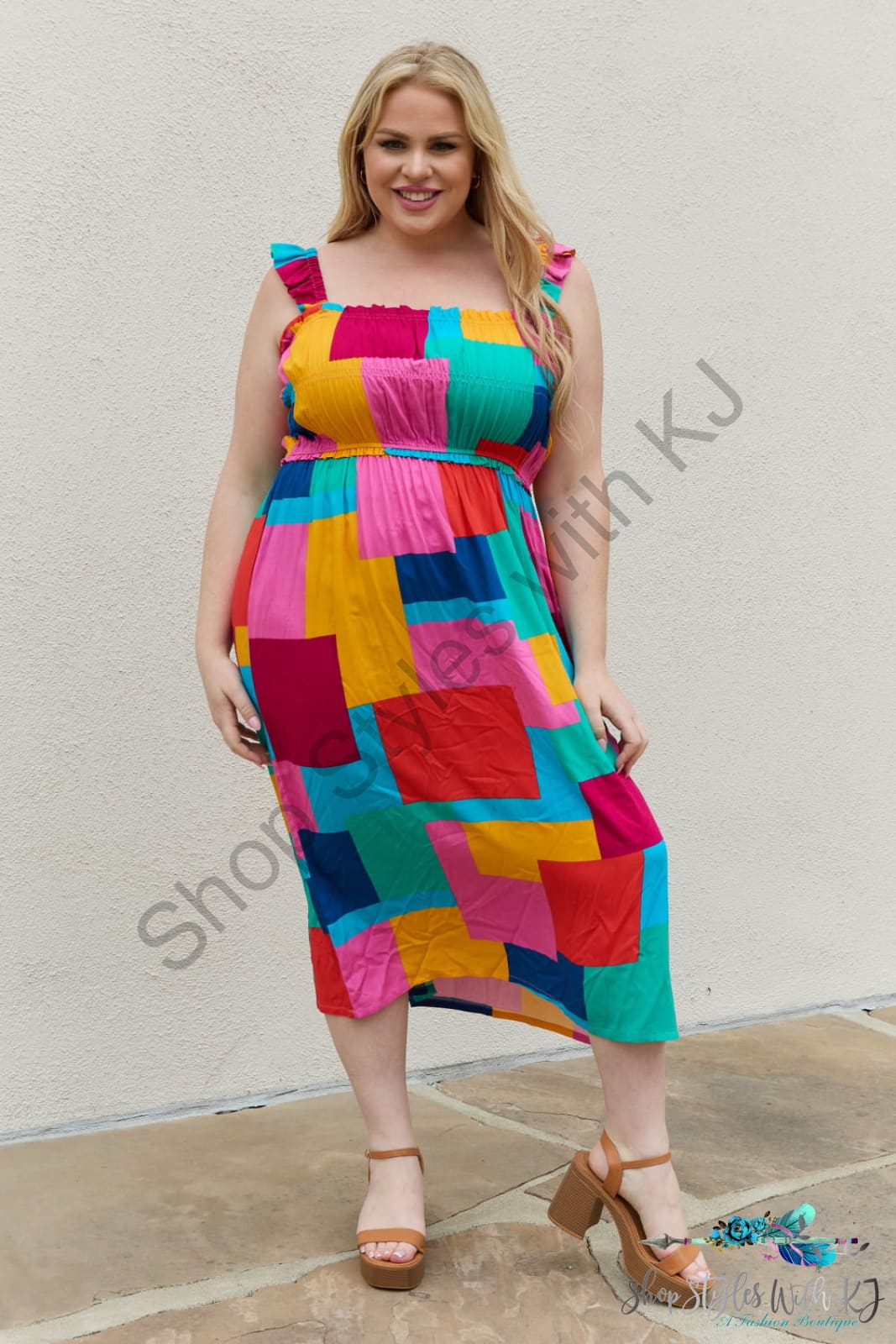 Multicolored Square Print Summer Dress Dresses
