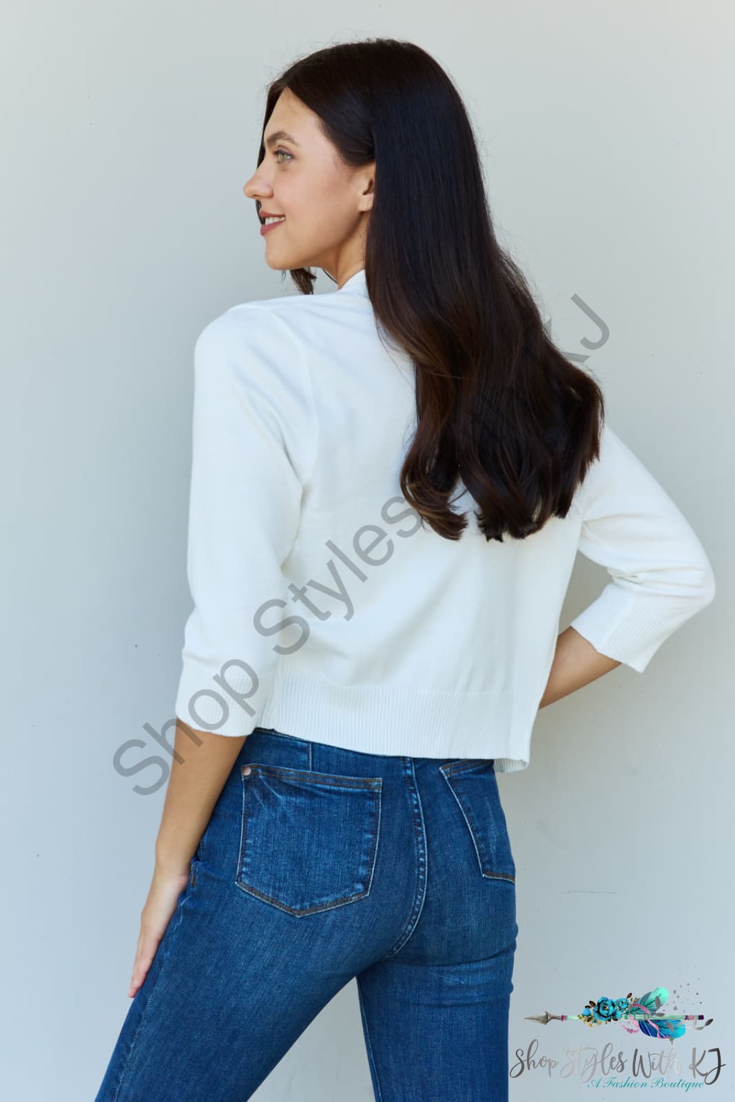 Doublju My Favorite Full Size 3/4 Sleeve Cropped Cardigan In Ivory