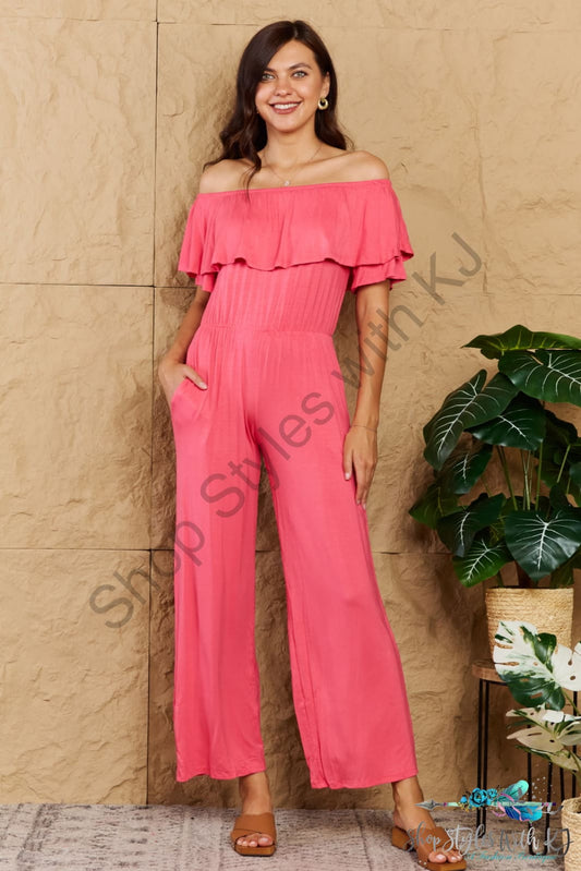 My Favorite Off-Shoulder Jumpsuit With Pockets Coral / S Jumpsuits & Rompers