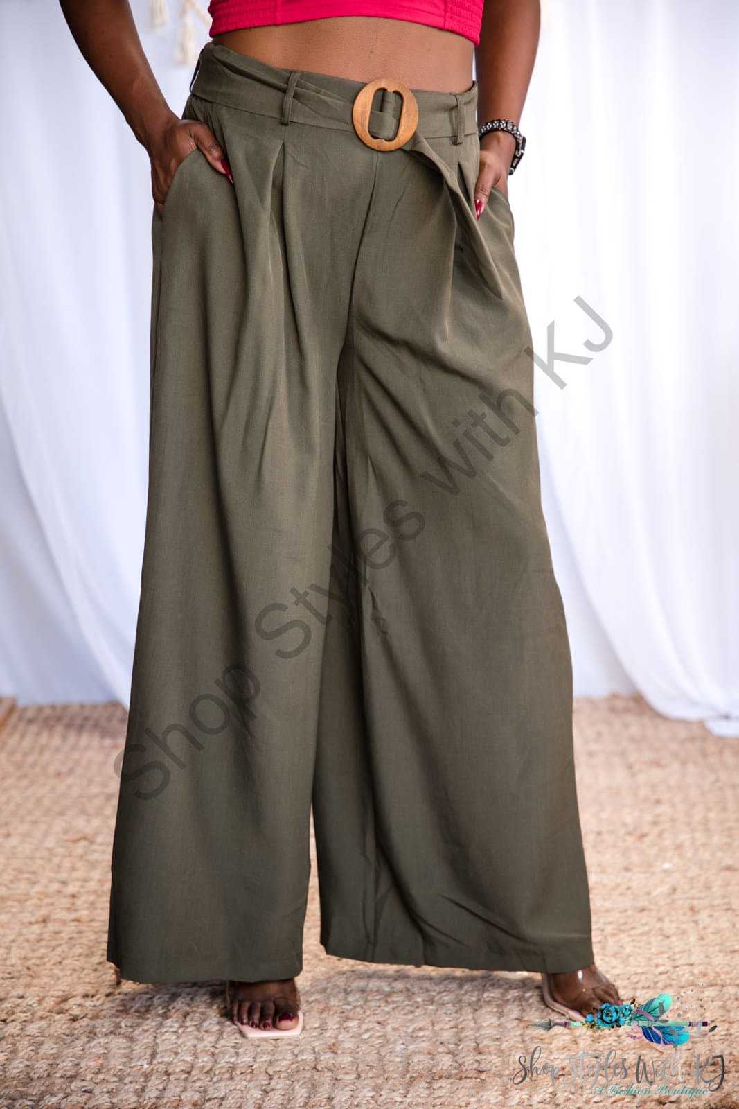 Olive You - Belted Wide Leg Pants, olive wide leg pants with a belt, high waist bottoms