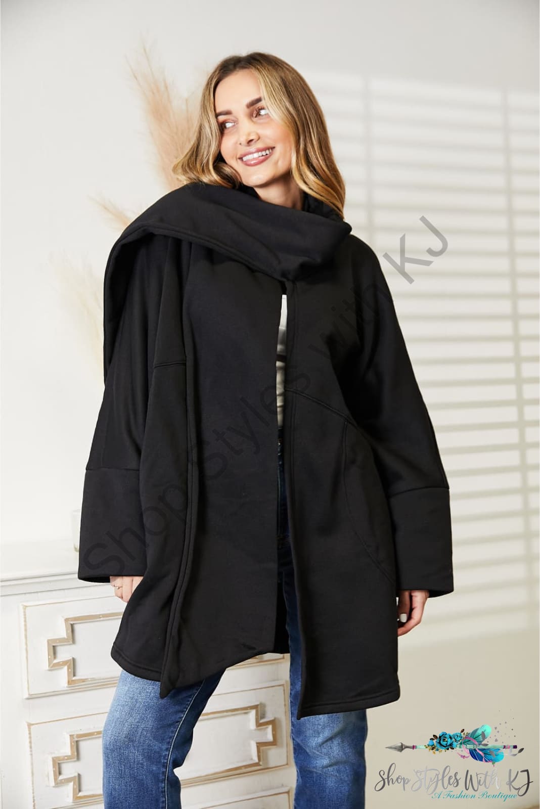 Heyson Full Size Open Front Cardigan With Scarf Design