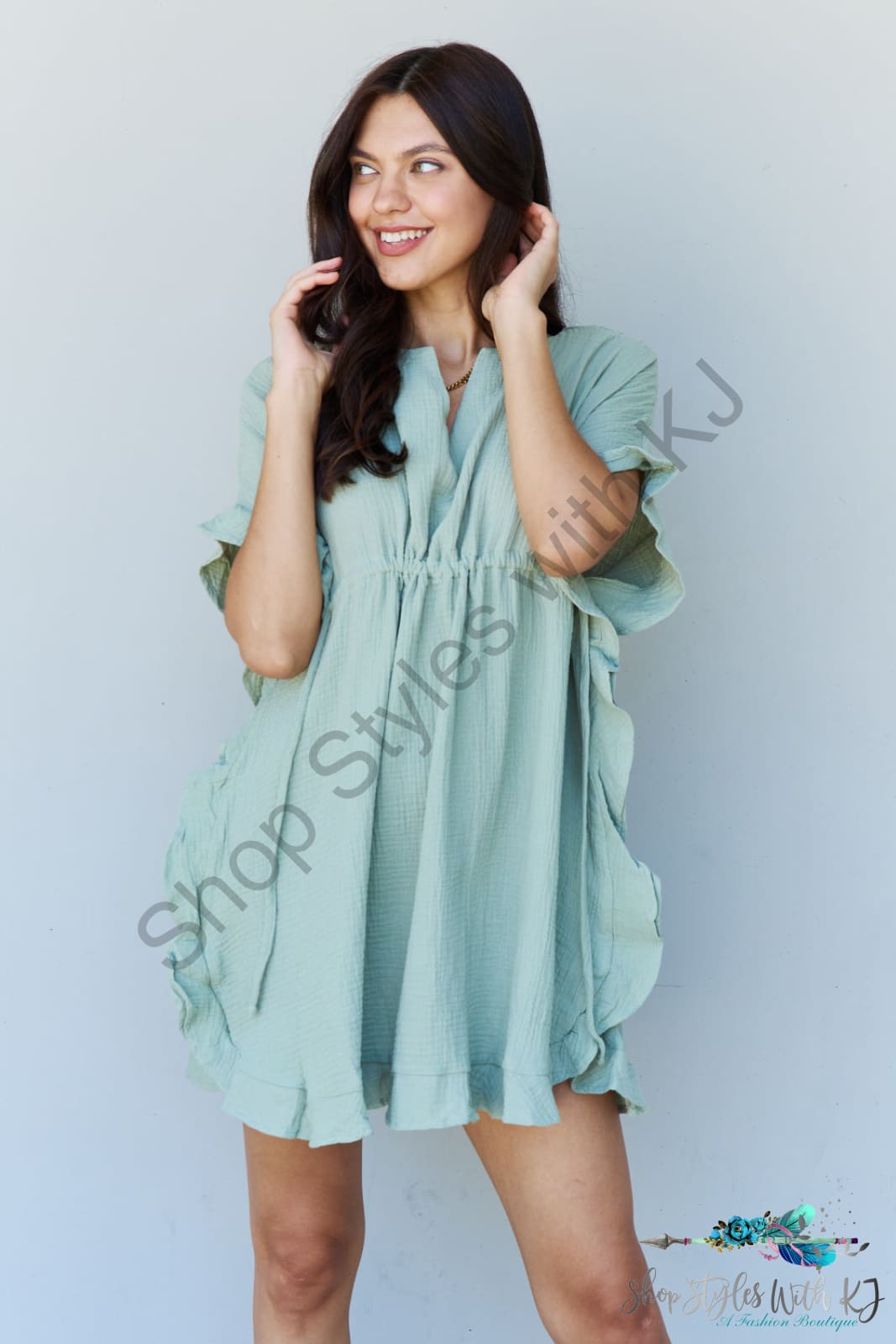 Ninexis Out Of Time Full Size Ruffle Hem Dress With Drawstring Waistband In Light Sage