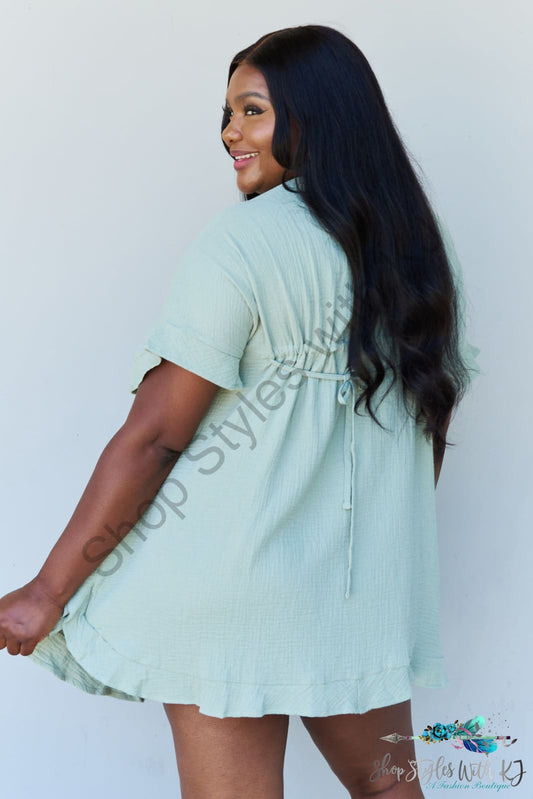 Ninexis Out Of Time Full Size Ruffle Hem Dress With Drawstring Waistband In Light Sage