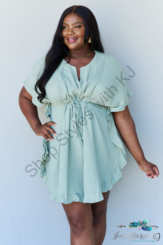 Ninexis Out Of Time Full Size Ruffle Hem Dress With Drawstring Waistband In Light Sage / S