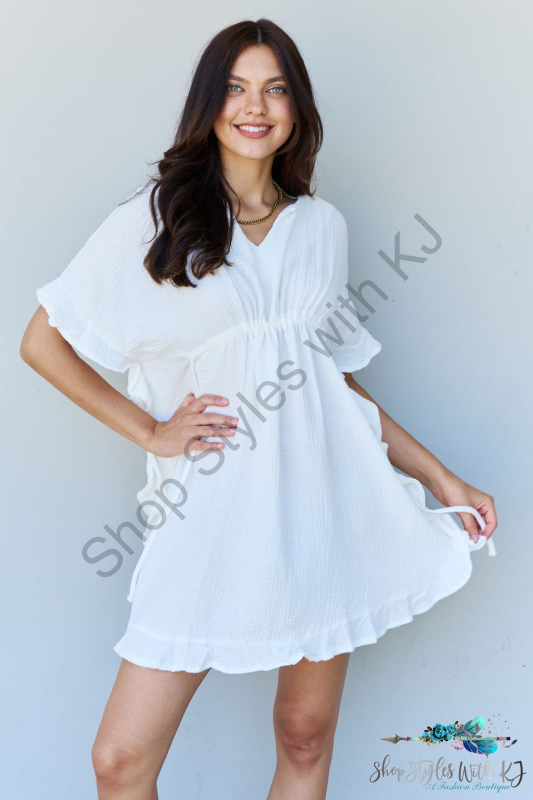 Ninexis Out Of Time Full Size Ruffle Hem Dress With Drawstring Waistband In White / S