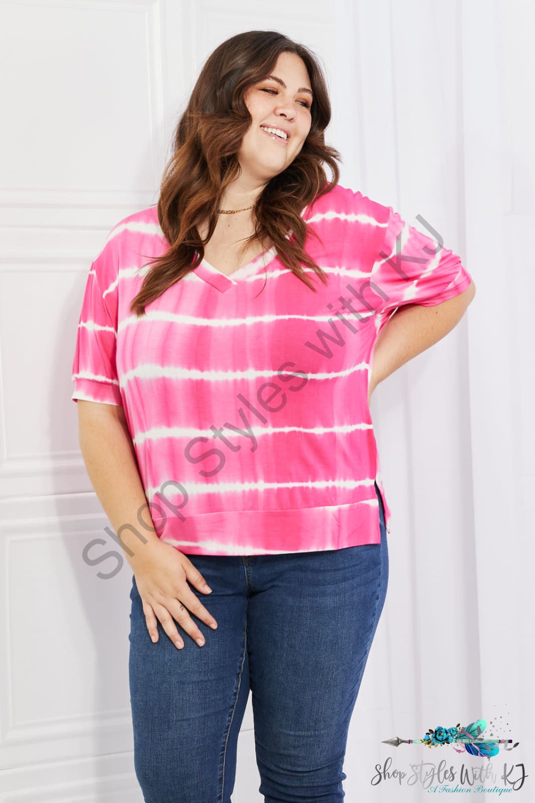 Yelete Full Size Oversized Fit V-Neck Striped Top Shirts & Tops