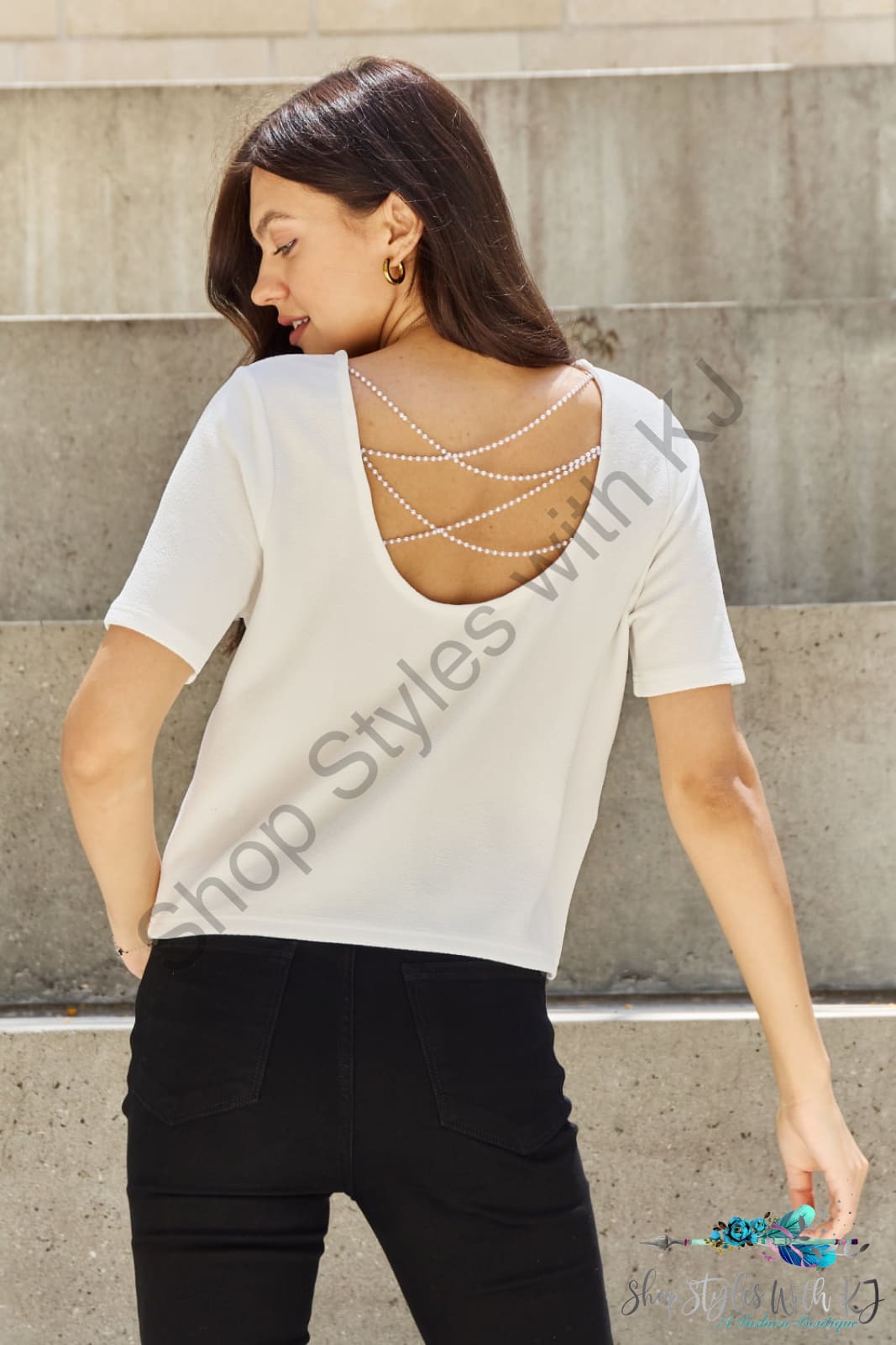 Pearly White Criss Cross Pearl Detail Open Back T-Shirt Off / S Shirts & Tops